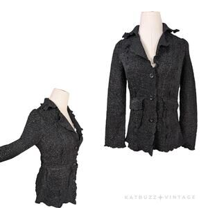 Vintage Blazer Jacket S Black Y2K Crinkle Whimsigoth Stretch Ruffle Lettuce Goth